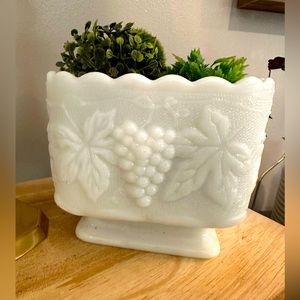 Anchor Hocking Pedestal Square Candy Dish White Milk Glass Grapes Vintage